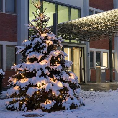 verweist auf: Schließung des Bundespatentgerichts Eingang des Bundespatentgerichts im Winter mit Weihnachtsbaum und Schnee (verweist auf: Schließung des Bundespatentgerichts)